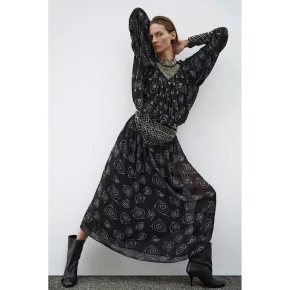 NWT Zara black & white embroidered beaded printed midi dress, M - Picture 7 of 16